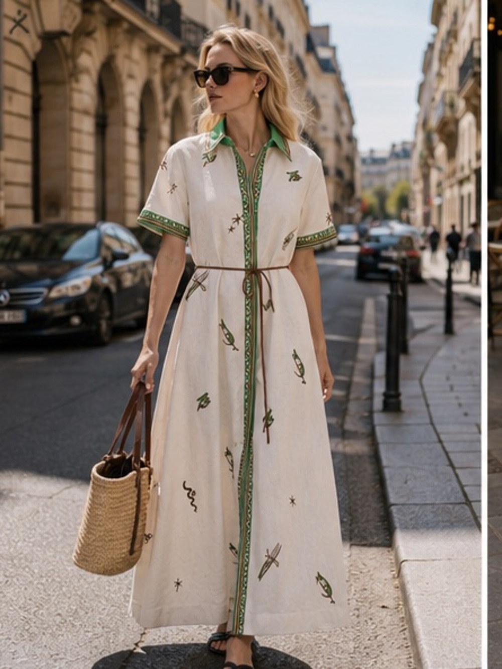 Alemais Cream Maxi Shirt embroidered Dress with Green Trim